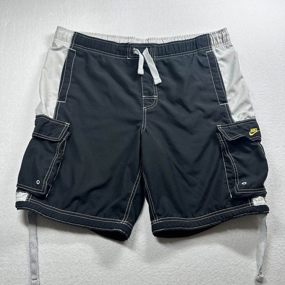 Vintage Nike Men's Swim Trunks Black Yellow Drawstring‎ Athletic Shorts Size L